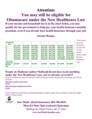 Attention:
You may still be eligible for
Obamacare under the New Healthcare Law
If your income and household size is in the chart below, you may
qualify for the government to help pay your health insurance monthly
premium, even if you already have health insurance through your job.
Income Ranges
Your annual
premium
should not
exceed 10%
of your
annual
income under
the New
Healthcare
Law
People on Medicare and/or Medicaid do not have to do anything
under the New Healthcare Law, you’re already covered!!!!
If you’re on Medicare and your income is under the amounts below the government may pay your Part B
premium…
Individual monthly income limit
$1313
Married couple monthly income limit
$1765
If you would like a Federally Facilitated Marketplace Agent to speak with you help you make the “Right
Choice” please contact
Just Think Ahead Insurance 404-748-4616
Mon-Fri 9am-7pm weekend 12pm-6pm
“Making the Right Choice the 1st
time”
www.JustThinkAheadinc.com
Household
Size
1 $11,490 $15,282 $15,856 $17,235 $22,980 $34,470 $45,960
2 $15,510 $20,628 $21,404 $23,265 $31,020 $46,530 $62,040
3 $19,530 $25,975 $26,951 $29,295 $39,060 $58,590 $78,120
4 $23,550 $31,322 $32,499 $35,325 $47,100 $70,650 $94,200
5 $27,570 $36,668 $38,047 $41,355 $55,140 $82,710 $110,280
6 $31,590 $42,015 $43,594 $47,385 $63,180 $94,770 $126,360
7 $35,610 $47,361 $49,142 $53,415 $71,220 $106,830 $142,440
8 $39,630 $52,708 $54,689 $59,445 $79,260 $118,890 $158,520
For each
additional
person,
add
$4,020 $5,347 $5,548 $6,030 $8,040 $12,060 $16,080
 