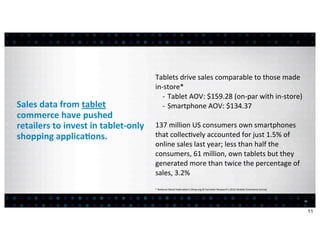 Tablets	
  drive	
  sales	
  comparable	
  to	
  those	
  made	
  
                                                          in-­‐store*
                                                              -­‐ 	
  Tablet	
  AOV:	
  $159.28	
  (on-­‐par	
  with	
  in-­‐store)
Sales	
  data	
  from	
  tablet	
                             -­‐ 	
  Smartphone	
  AOV:	
  $134.37
commerce	
  have	
  pushed	
  
retailers	
  to	
  invest	
  in	
  tablet-­‐only	
   137	
  million	
  US	
  consumers	
  own	
  smartphones	
  
shopping	
  applica7ons.                             that	
  collec:vely	
  accounted	
  for	
  just	
  1.5%	
  of	
  
                                                          online	
  sales	
  last	
  year;	
  less	
  than	
  half	
  the	
  
                                                          consumers,	
  61	
  million,	
  own	
  tablets	
  but	
  they	
  
                                                          generated	
  more	
  than	
  twice	
  the	
  percentage	
  of	
  
                                                          sales,	
  3.2%	
  
                                                          *	
  Na<onal	
  Retail	
  Federa<on’s	
  Shop.org	
  &	
  Forrester	
  Research’s	
  2012	
  Mobile	
  Commerce	
  Survey



                                                                                                                                                                                      11


                                                                                                                                                                                           11
 
