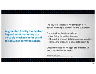 The	
  key	
  to	
  a	
  successful	
  AR	
  campaign	
  is	
  to	
  
                                                     deliver	
  meaningful	
  content	
  for	
  the	
  customer*
Augmented	
  Reality	
  has	
  evolved	
  
                                           Current	
  AR	
  applica:ons	
  include:
beyond	
  stunt	
  marke7ng	
  to	
  a	
  
                                            -­‐ 	
  Size	
  ﬁgng	
  for	
  online	
  shoppers
valuable	
  mechanism	
  for	
  brand	
     -­‐ 	
  Displaying	
  product	
  details	
  alongside	
  products
to	
  consumer	
  communica7on.             -­‐ 	
  Rendering	
  products	
  in	
  print	
  catalogs	
  in	
  3D

                                                     Global	
  revenues	
  for	
  AR	
  apps	
  are	
  expected	
  to	
  
                                                     reach	
  $1.5	
  billion	
  by	
  2015**
                                                     *	
  Bazaarvoice	
  blog,	
  January	
  30,	
  2012
                                                     **	
  Juniper	
  Research’s	
  Mobile	
  Augmented	
  Reality	
  report,	
  January	
  2,	
  2011



                                                                                                                                                         18


                                                                                                                                                              18
 