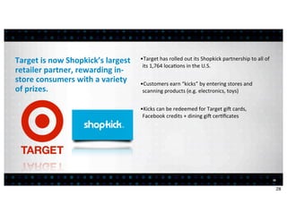 Target	
  is	
  now	
  Shopkick’s	
  largest	
     •Target	
  has	
  rolled	
  out	
  its	
  Shopkick	
  partnership	
  to	
  all	
  of	
  
                                                    its	
  1,764	
  loca<ons	
  in	
  the	
  U.S.
retailer	
  partner,	
  rewarding	
  in-­‐
store	
  consumers	
  with	
  a	
  variety	
       •Customers	
  earn	
  “kicks”	
  by	
  entering	
  stores	
  and	
  
of	
  prizes.                                       scanning	
  products	
  (e.g.	
  electronics,	
  toys)


                                                   •Kicks	
  can	
  be	
  redeemed	
  for	
  Target	
  gir	
  cards,	
  
                                                    Facebook	
  credits	
  +	
  dining	
  gir	
  cer<ﬁcates




                                                                                                                                              28


                                                                                                                                                   28
 