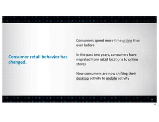 Consumers	
  spend	
  more	
  :me	
  online	
  than	
  
                                            ever	
  before

                                            In	
  the	
  past	
  two	
  years,	
  consumers	
  have	
  
Consumer	
  retail	
  behavior	
  has	
     migrated	
  from	
  retail	
  loca:ons	
  to	
  online	
  
changed.                                    stores

                                            Now	
  consumers	
  are	
  now	
  shi>ing	
  their	
  
                                            desktop	
  ac:vity	
  to	
  mobile	
  ac:vity




                                                                                                          4


                                                                                                              4
 