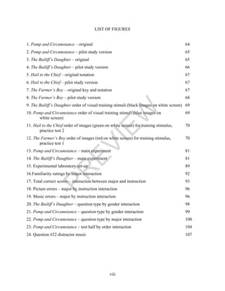 LIST OF FIGURES 
1. Pomp and Circumstance – original 64 
2. Pomp and Circumstance – pilot study version 65 
3. The Bailiff’s Daughter – original 65 
4. The Bailiff’s Daughter – pilot study version 66 
5. Hail to the Chief – original notation 67 
6. Hail to the Chief – pilot study version 67 
7. The Farmer’s Boy – original key and notation 67 
8. The Farmer’s Boy – pilot study version 68 
9. The Bailiff’s Daughter order of visual training stimuli (black images on white screen) 69 
10. Pomp and Circumstance order of visual training stimuli (blue images on 69 
PREVIEW 
viii 
white screen) 
11. Hail to the Chief order of images (green on white screen) for training stimulus, 70 
practice test 2 
12. The Farmer’s Boy order of images (red on white screen) for training stimulus, 70 
practice test 1 
13. Pomp and Circumstance – main experiment 81 
14. The Bailiff’s Daughter – main experiment 81 
15. Experimental laboratory set-up 89 
16.Familiarity ratings by major interaction 92 
17. Total correct scores – interaction between major and instruction 93 
18. Picture errors – major by instruction interaction 96 
19. Music errors – major by instruction interaction 96 
20. The Bailiff’s Daughter – question type by gender interaction 98 
21. Pomp and Circumstance – question type by gender interaction 99 
22. Pomp and Circumstance – question type by major interaction 100 
23. Pomp and Circumstance – test half by order interaction 104 
24. Question #22 distractor music 107 
 