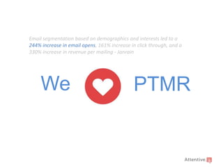 Email segmentation based on demographics and interests led to a
244% increase in email opens, 161% increase in click through, and a
330% increase in revenue per mailing - Janrain

We

PTMR

 