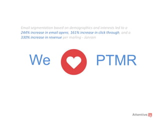 Email segmentation based on demographics and interests led to a
244% increase in email opens, 161% increase in click through, and a
330% increase in revenue per mailing - Janrain

We

PTMR

 