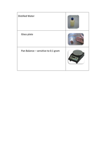 Distilled Water

Glass plate

Pan Balance – sensitive to 0.1 gram

 