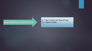 (i) Clay Content and Type of Clay
(ii) Organic MatterFactors Affecting the Atterberg Limits:
 