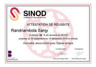 Certification de MOOC "Jésus-Christ avec l'Eglise antique"