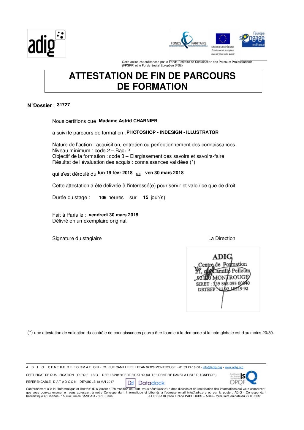 Attestation de fin de parcours de formation