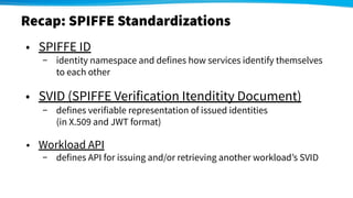 Recap: SPIFFE Standardizations
• SPIFFE ID
− identity namespace and defines how services identify themselves
to each other...