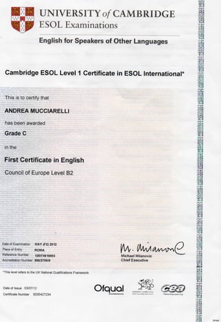 Attestato FIRST Certificate of English B2