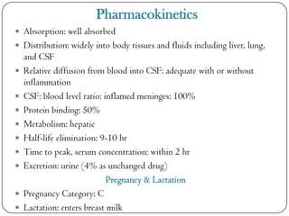Pharmacokinetics
 Absorption: well absorbed
 Distribution: widely into body tissues and fluids including liver, lung,











and CSF
Relative diffusion from blood into CSF: adequate with or without
inflammation
CSF: blood level ratio: inflamed meninges: 100%
Protein binding: 50%
Metabolism: hepatic
Half-life elimination: 9-10 hr
Time to peak, serum concentration: within 2 hr
Excretion: urine (4% as unchanged drug)
Pregnancy & Lactation
Pregnancy Category: C
Lactation: enters breast milk

 