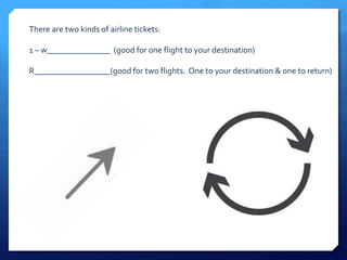There are two kinds of airline tickets: 
1 – w_______________ (good for one flight to your destination) 
R__________________(good for two flights. One to your destination & one to return) 
 