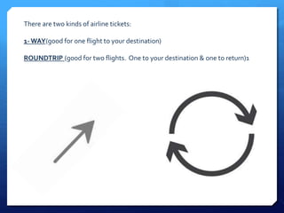 There are two kinds of airline tickets: 
1-WAY(good for one flight to your destination) 
ROUNDTRIP (good for two flights. One to your destination & one to return)1 
 