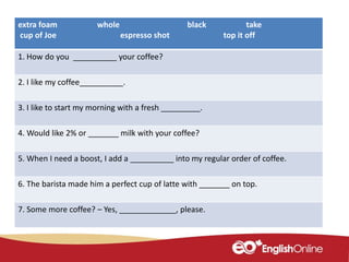 extra foam whole black take
cup of Joe espresso shot top it off
1. How do you __________ your coffee?
2. I like my coffee__________.
3. I like to start my morning with a fresh _________.
4. Would like 2% or _______ milk with your coffee?
5. When I need a boost, I add a __________ into my regular order of coffee.
6. The barista made him a perfect cup of latte with _______ on top.
7. Some more coffee? – Yes, _____________, please.
 