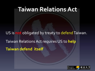 Taiwan Relations Act
US is not obligated by treaty to defendTaiwan.
Taiwan Relations Act requires US to help
Taiwan defend itself
 