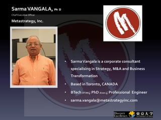 SarmaVANGALA, Ph D
Chief Executive Officer
Metastrategy, Inc.
• SarmaVangala is a corporate consultant
specialising in Strategy, M&A and Business
Transformation
• Based inToronto, CANADA
• BTech (IIT(M)); PhD (Exon.); Professional Engineer
• sarma.vangala@metastrategyinc.com
 