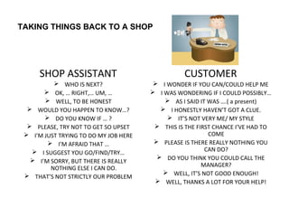 TAKING THINGS BACK TO A SHOP




      SHOP ASSISTANT                              CUSTOMER
           WHO IS NEXT?                 I WONDER IF YOU CAN/COULD HELP ME
        OK, … RIGHT,… UM, …            I WAS WONDERING IF I COULD POSSIBLY…
        WELL, TO BE HONEST                 AS I SAID IT WAS ….( a present)
   WOULD YOU HAPPEN TO KNOW…?             I HONESTLY HAVEN’T GOT A CLUE.
        DO YOU KNOW IF … ?                  IT’S NOT VERY ME/ MY STYLE
   PLEASE, TRY NOT TO GET SO UPSET      THIS IS THE FIRST CHANCE I’VE HAD TO
  I’M JUST TRYING TO DO MY JOB HERE                      COME
         I’M AFRAID THAT …              PLEASE IS THERE REALLY NOTHING YOU
    I SUGGEST YOU GO/FIND/TRY…                          CAN DO?
                                          DO YOU THINK YOU COULD CALL THE
    I’M SORRY, BUT THERE IS REALLY
                                                        MANAGER?
         NOTHING ELSE I CAN DO.
                                           WELL, IT’S NOT GOOD ENOUGH!
  THAT’S NOT STRICTLY OUR PROBLEM
                                         WELL, THANKS A LOT FOR YOUR HELP!
 