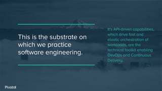 This is the substrate on
which we practice
software engineering.
It’s API-driven capabilities,
which drive fast and
elastic orchestration of
workloads, are the
technical toolkit enabling
DevOps and Continuous
Delivery.
 