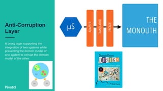 Anti-Corruption
Layer
A proxy layer supporting the
integration of two systems while
preventing the domain model of
one system to corrupt the domain
model of the other.
 