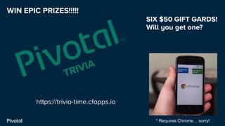 WIN EPIC PRIZES!!!!!
* Requires Chrome… sorry!
TRIVIA
https://trivia-time.cfapps.io
SIX $50 GIFT GARDS!
Will you get one?
 