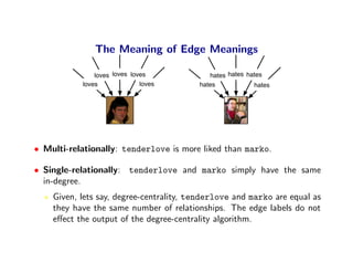 The Meaning of Edge Meanings

               loves loves loves            hates hates hates
           loves              loves      hates            hates




• Multi-relationally: tenderlove is more liked than marko.

• Single-relationally: tenderlove and marko simply have the same
  in-degree.
    Given, lets say, degree-centrality, tenderlove and marko are equal as
    they have the same number of relationships. The edge labels do not
    eﬀect the output of the degree-centrality algorithm.
 