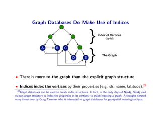 Graph Databases Do Make Use of Indices



                     A            B     C
                                                             }      Index of Vertices
                                                                          (by id)




                                               D         E   }         The Graph




• There is more to the graph than the explicit graph structure.

• Indices index the vertices by their properties (e.g. ids, name, latitude).28
  28
     Graph databases can be used to create index structures. In fact, in the early days of Neo4j, Neo4j used
its own graph structure to index the properties of its vertices—a graph indexing a graph. A thought iterated
many times over by Craig Taverner who is interested in graph databases for geo-spatial indexing/analysis.
 