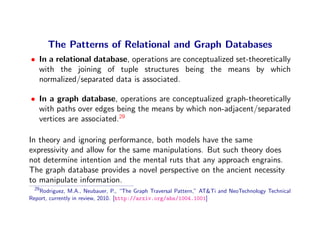 The Patterns of Relational and Graph Databases
• In a relational database, operations are conceptualized set-theoretically...