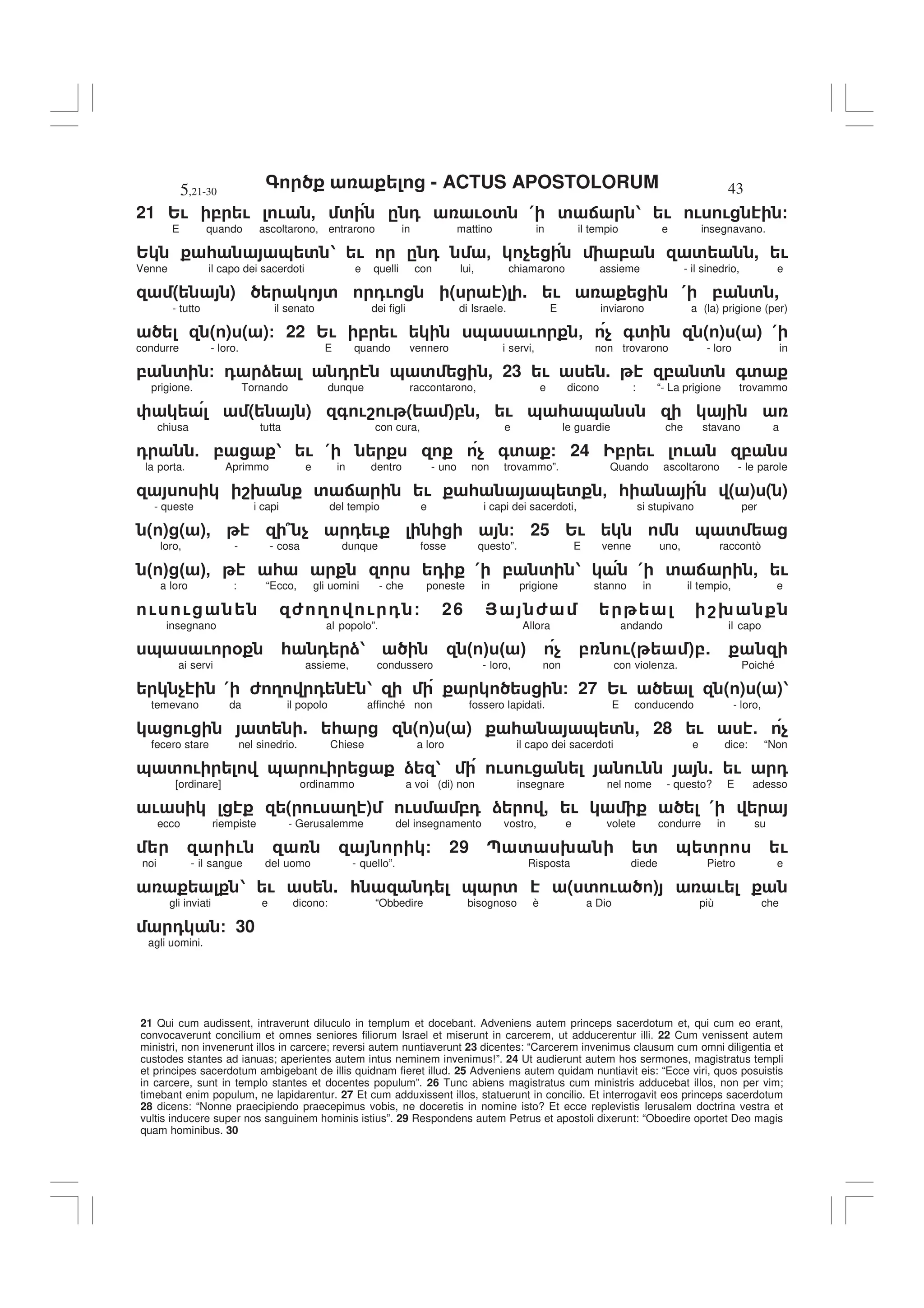 - ACTUS APOSTOLORUM
5,21-30 43
21 Qui cum audissent, intraverunt diluculo in templum et docebant. Adveniens autem princeps sacerdotum et, qui cum eo erant,
convocaverunt concilium et omnes seniores filiorum Israel et miserunt in carcerem, ut adducerentur illi. 22 Cum venissent autem
ministri, non invenerunt illos in carcere; reversi autem nuntiaverunt 23 dicentes: “Carcerem invenimus clausum cum omni diligentia et
custodes stantes ad ianuas; aperientes autem intus neminem invenimus!”. 24 Ut audierunt autem hos sermones, magistratus templi
et principes sacerdotum ambigebant de illis quidnam fieret illud. 25 Adveniens autem quidam nuntiavit eis: “Ecce viri, quos posuistis
in carcere, sunt in templo stantes et docentes populum”. 26 Tunc abiens magistratus cum ministris adducebat illos, non per vim;
timebant enim populum, ne lapidarentur. 27 Et cum adduxissent illos, statuerunt in concilio. Et interrogavit eos princeps sacerdotum
28 dicens: “Nonne praecipiendo praecepimus vobis, ne doceretis in nomine isto? Et ecce replevistis Ierusalem doctrina vestra et
vultis inducere super nos sanguinem hominis istius”. 29 Respondens autem Petrus et apostoli dixerunt: “Oboedire oportet Deo magis
quam hominibus. 30
21 2! , ! ! - ' . 0 !%' ( ' : 1 ! ! ! /
E quando ascoltarono, entrarono in mattino in il tempio e insegnavano.
2 * & ' 1 ! . 0 - $ , ' , !
Venne il capo dei sacerdoti e quelli con lui, chiamarono assieme - il sinedrio, e
( ) ' 0! ( ) . ! ( , ' ,
- tutto il senato dei figli di Israele. E inviarono a (la) prigione (per)
( ) ( )/ 22 2! , ! & ! - $ +' ( ) ( ) (
condurre - loro. E quando vennero i servi, non trovarono - loro in
, ' / 0 ) 0 & ' , 23 ! . , ' +'
prigione. Tornando dunque raccontarono, e dicono : “- La prigione trovammo
( ) + !8 ! ( ), , ! & * &
chiusa tutta con cura, e le guardie che stavano a
0 5 , 1 ! ( $ +' / 24 , ! ! ,
la porta. Aprimmo e in dentro - uno non trovammo”. Quando ascoltarono - le parole
89 ' : ! * & ' - * ( ) ( )
- queste i capi del tempio e i capi dei sacerdoti, si stupivano per
( ) ( ), 7 $ 0 ! / 25 2! & '
loro, - - cosa dunque fosse questo”. E venne uno, raccontò
" # " #- * 0 ( , ' 1 ( ' : , !
a loro : “Ecco, gli uomini - che poneste in prigione stanno in il tempio, e
! ! 6 3 ! 0 / 26 > 6 89
insegnano al popolo”. Allora andando il capo
& ! % * 0 )1 " # " # $ , !( ),.
ai servi assieme, condussero - loro, non con violenza. Poiché
$ ( 6 3 0 1 / 27 2! ( ) ( )1
temevano da il popolo affinché non fossero lapidati. E conducendo - loro,
! ' . * ( ) ( ) * & ' , 28 ! 5 $
fecero stare nel sinedrio. Chiese a loro il capo dei sacerdoti e dice: “Non
& ' ! & ! ) 1 ! ! ! . ! 0
[ordinare] ordinammo a voi (di) non insegnare nel nome - questo? E adesso
! ( ! 3 ) ! ,0 ) , ! (
ecco riempiste - Gerusalemme del insegnamento vostro, e volete condurre in su
! / 29 ; ' 9 ' & ' !
noi - il sangue del uomo - quello”. Risposta diede Pietro e
1 ! . * 0 & ' ( ' ! ) !
gli inviati e dicono: “Obbedire bisognoso è a Dio più che
0 / 30
agli uomini.
 