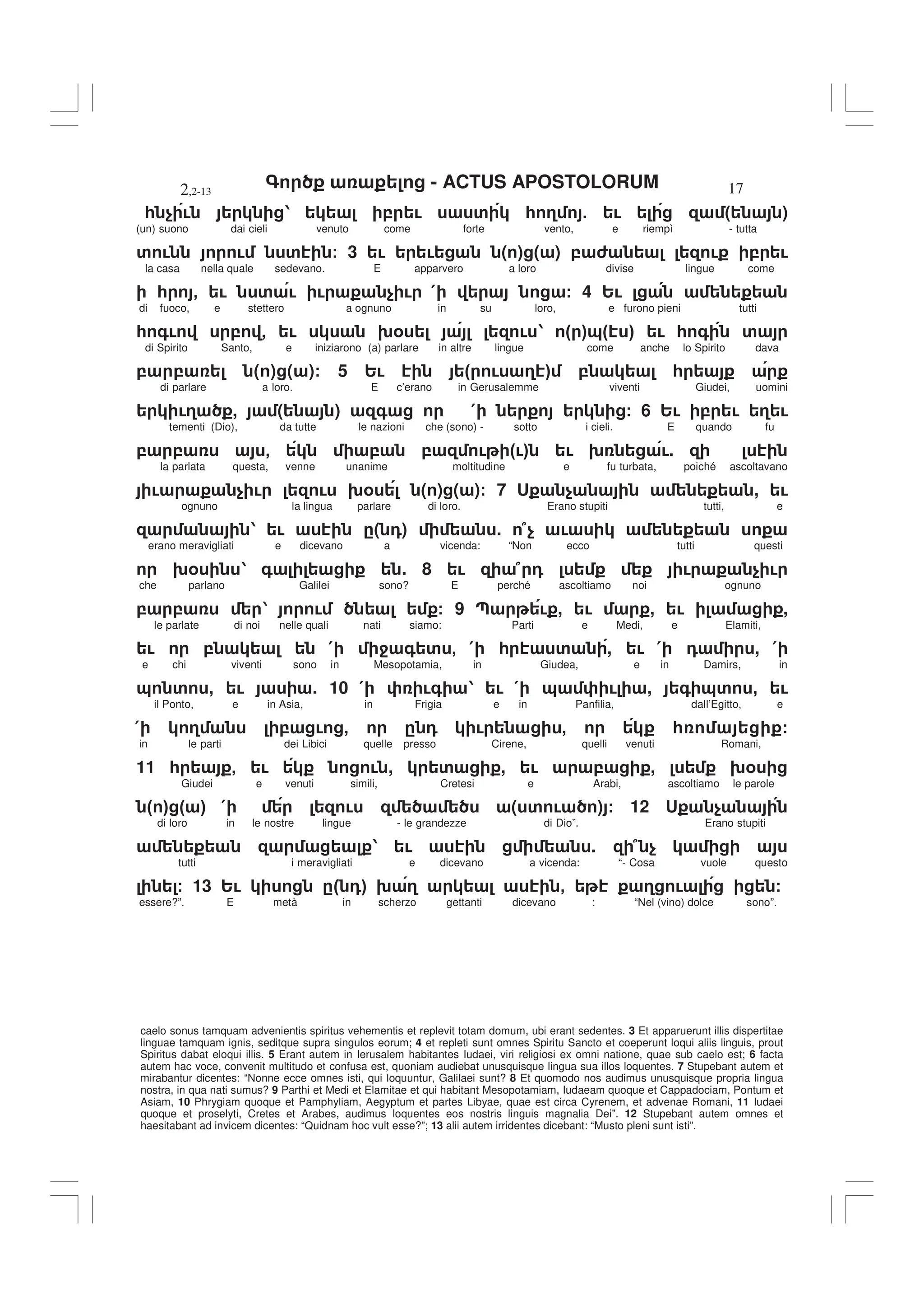 - ACTUS APOSTOLORUM
2,2-13 17
caelo sonus tamquam advenientis spiritus vehementis et replevit totam domum, ubi erant sedentes. 3 Et apparuerunt illis dispertitae
linguae tamquam ignis, seditque supra singulos eorum; 4 et repleti sunt omnes Spiritu Sancto et coeperunt loqui aliis linguis, prout
Spiritus dabat eloqui illis. 5 Erant autem in Ierusalem habitantes Iudaei, viri religiosi ex omni natione, quae sub caelo est; 6 facta
autem hac voce, convenit multitudo et confusa est, quoniam audiebat unusquisque lingua sua illos loquentes. 7 Stupebant autem et
mirabantur dicentes: “Nonne ecce omnes isti, qui loquuntur, Galilaei sunt? 8 Et quomodo nos audimus unusquisque propria lingua
nostra, in qua nati sumus? 9 Parthi et Medi et Elamitae et qui habitant Mesopotamiam, Iudaeam quoque et Cappadociam, Pontum et
Asiam, 10 Phrygiam quoque et Pamphyliam, Aegyptum et partes Libyae, quae est circa Cyrenem, et advenae Romani, 11 Iudaei
quoque et proselyti, Cretes et Arabes, audimus loquentes eos nostris linguis magnalia Dei”. 12 Stupebant autem omnes et
haesitabant ad invicem dicentes: “Quidnam hoc vult esse?”; 13 alii autem irridentes dicebant: “Musto pleni sunt isti”.
* $ ! 1 , ! ' * 3 5 ! ( )
(un) suono dai cieli venuto come forte vento, e riempì - tutta
' ! ! ' / 3 ! ! ( ) ( ) , 6 ! , !
la casa nella quale sedevano. E apparvero a loro divise lingue come
* - ! ' ! ! $ ! ( / 4 2!
di fuoco, e stettero a ognuno in su loro, e furono pieni tutti
* +! , - ! 9% ! 1 " #&" # ! * + '
di Spirito Santo, e iniziarono (a) parlare in altre lingue come anche lo Spirito dava
, , ( ) ( )/ 5 2! " ! 3 # , *
di parlare a loro. E c’erano in Gerusalemme viventi Giudei, uomini
!3 , ( ) + ( / 6 2! , ! 3 !
tementi (Dio), da tutte le nazioni che (sono) - sotto i cieli. E quando fu
, , - , , ! "!# ! 9 !.
la parlata questa, venne unanime moltitudine e fu turbata, poiché ascoltavano
! $ ! ! 9% ( ) ( )/ 7 < $ , !
ognuno la lingua parlare di loro. Erano stupiti tutti, e
1 ! .( 0) . 7$ !
erano meravigliati e dicevano a vicenda: “Non ecco tutti questi
9% 1 + . 8 ! 7 0 ! $ !
che parlano Galilei sono? E perché ascoltiamo noi ognuno
, , 1 ! / 9 ; ! , ! , ! ,
le parlate di noi nelle quali nati siamo: Parti e Medi, e Elamiti,
! , ( 4 + ' - ( * ' , ! ( 0 , (
e chi viventi sono in Mesopotamia, in Giudea, e in Damirs, in
& ' , ! . 10 ( !+ 1 ! ( & ! , + &' , !
il Ponto, e in Asia, in Frigia e in Panfilia, dall’Egitto, e
( 3 , ! - . 0 ! - * /
in le parti dei Libici quelle presso Cirene, quelli venuti Romani,
11 * - ! ! , ' , ! , , 9%
Giudei e venuti simili, Cretesi e Arabi, ascoltiamo le parole
" # " # ( ! ( ' ! ) / 12 < $
di loro in le nostre lingue - le grandezze di Dio”. Erano stupiti
1 ! . 7 $
tutti i meravigliati e dicevano a vicenda: “- Cosa vuole questo
/ 13 2! ." 0# 9 3 - 3 ! /
essere?”. E metà in scherzo gettanti dicevano : “Nel (vino) dolce sono”.
 
