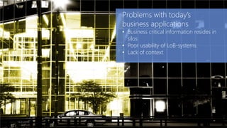 Problems with today’s
            business applications
            • Business critical information resides in
              silos
            • Poor usability of LoB-systems
            • Lack of context




14.2.2013
 