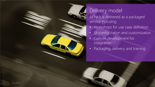 Delivery model
            AtTrack is delivered as a packaged
            service including
            • Workshops for use case definition
            • UI-configuration and customization
            • Custom development for
               integration
            • Packaging, delivery and training




14.2.2013
 