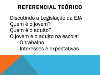 REFERENCIAL TEÓRICO Discutindo a Legislação da EJA Quem é o jovem?  Quem é o adulto? O jovem e o adulto na escola: - O trabalho - Interesses e expectativas 