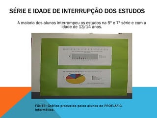 SÉRIE E IDADE DE INTERRUPÇÃO DOS ESTUDOS A maioria dos alunos interrompeu os estudos na 5ª e 7ª série e com a idade de 13/14 anos. FONTE: Gráfico produzido pelos alunos do PROEJAFIC- Informática. 