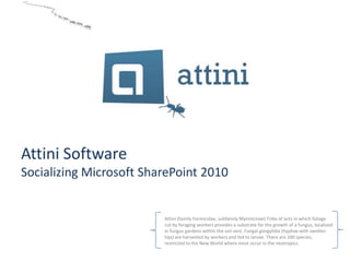Attini Software
Socializing Microsoft SharePoint 2010


                         Attini (family Formicidae, subfamily Myrmicinae) Tribe of ants in which foliage
                         cut by foraging workers provides a substrate for the growth of a fungus, localized
                         in fungus gardens within the soil nest. Fungal gongylidia (hyphae with swollen
                         tips) are harvested by workers and fed to larvae. There are 200 species,
                         restricted to the New World where most occur in the neotropics.
 