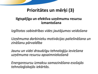 Prioritātes un mērķi (3)
     Ilgtspējīga un efektīva uzņēmumu resursu
                      izmantošana

   Izglītotas sabiedrības vides jautājumos veidošana

• Uzņēmuma darbinieku motivācijas palielināšana un
  zināšanu pārvaldība

• Jaunu un videi draudzīgu tehnoloģiju ieviešana
  uzņēmuma resursu apsaimniekošanā

• Energoresursu izmaksu samazināšana esošajās
  tehnoloģiskajās iekārtās.
                        SIA "Valmieras ūdens"
 