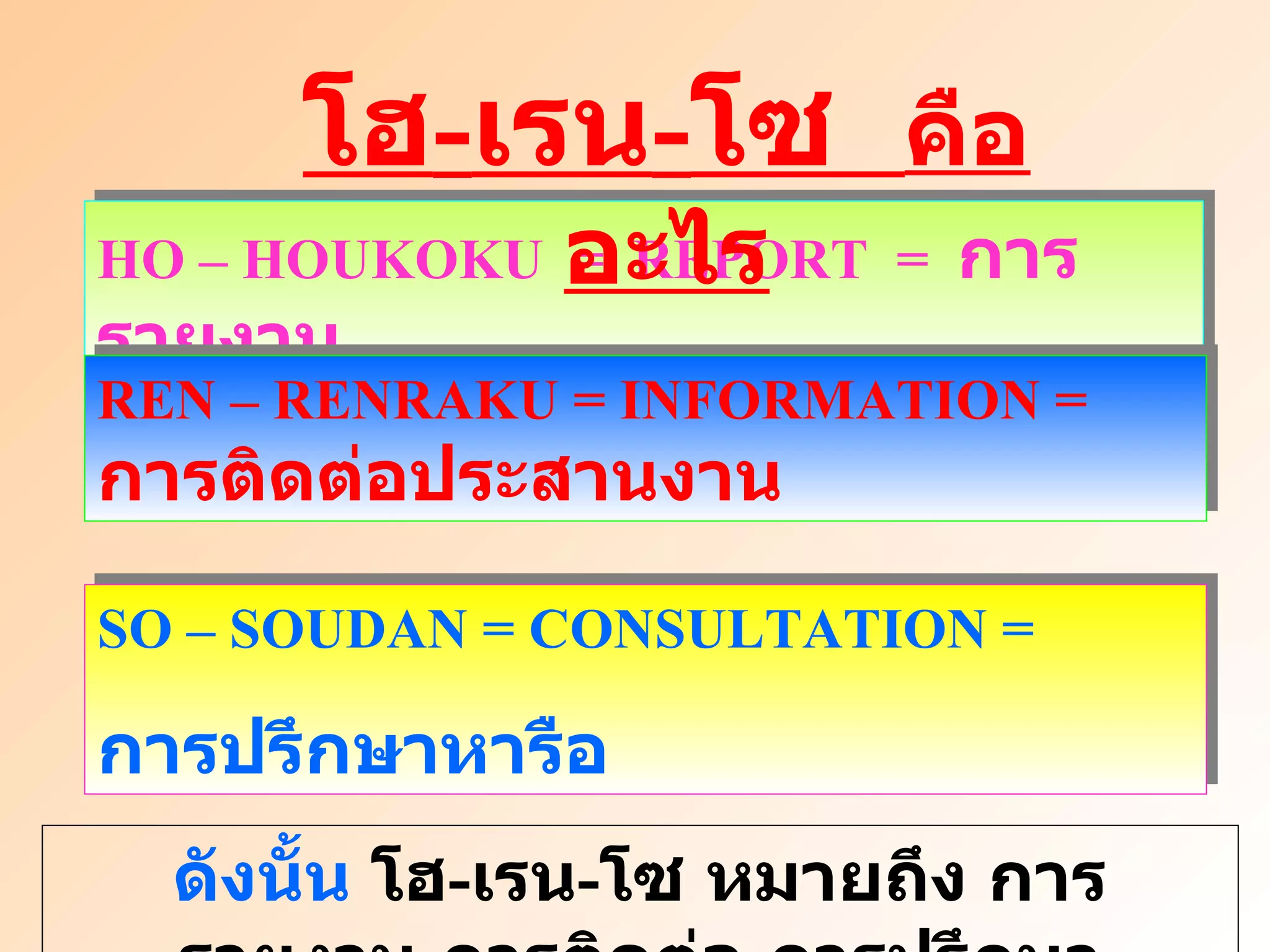 HO – HOUKOKU  =  REPORT  =  การรายงาน REN – RENRAKU = INFORMATION =  การติดต่อประสานงาน โฮ - เรน - โซ  คืออะไร SO – SOUDAN = CONSULTATION =  การปรึกษาหารือ ดังนั้น  โฮ - เรน - โซ หมายถึง การรายงาน - การติดต่อ - การปรึกษา 