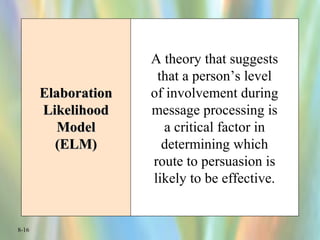 8-16
ElaborationElaboration
LikelihoodLikelihood
ModelModel
(ELM)(ELM)
A theory that suggests
that a person’s level
of involvement during
message processing is
a critical factor in
determining which
route to persuasion is
likely to be effective.
 