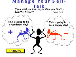 Manage  Your  Self - Talk If you think you Can, or you think you Can’t… YOU’RE RIGHT ! Henry Ford THINKING This is going to be a wonderful day! This is going to be a crappy day! 