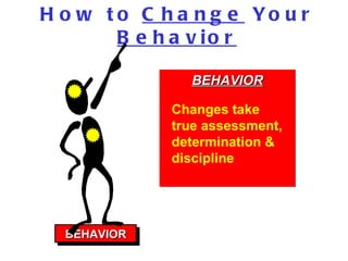 How to  Change  Your  Behavior BEHAVIOR BEHAVIOR Changes take true assessment, determination & discipline 