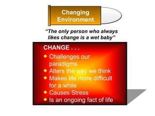 Challenges our paradigms Alters the way we think Makes life more difficult for a while Causes Stress Is an ongoing fact of life “ The only person who always likes change is a wet baby” CHANGE . . .   Changing Environment 