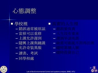 心態調整 學校裡 錯誤通常被原諒 當掉可以重修 上課允許遲到 隨興上課與蹺課 允許奇裝異服 讀書 、 考試 同學相處 真實的人生裡 錯誤要負責 人生沒有重來 遲到早退免談 缺席可能就不用再出席 隨時累積人脈 隨時投資自己 