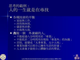 思考的範例： 人的一生就是在尋找 各種因素的平衡 家庭與工作， 所得與休閒， 儲蓄與消費， 小我與大我。 要做一個內外兼顧的人， 不能超過八分時間用於「專業」， 不能低於二分時間用在吸取「專業外」的知識； 否則，就變成「太多專業，太少人味」。 專業知識可以使自己擁有生活的舒適； 人文素養才能使自己體驗生活的豐富。 
