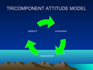 TRICOMPONENT ATTITUDE MODELTRICOMPONENT ATTITUDE MODEL
CONATION
COGNITION
AFFECT
 