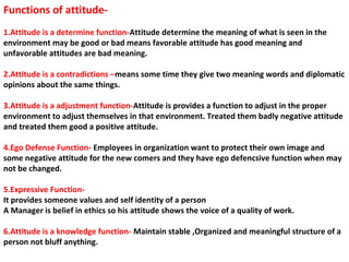 Functions of attitude-
1.Attitude is a determine function-Attitude determine the meaning of what is seen in the
environment may be good or bad means favorable attitude has good meaning and
unfavorable attitudes are bad meaning.
2.Attitude is a contradictions –means some time they give two meaning words and diplomatic
opinions about the same things.
3.Attitude is a adjustment function-Attitude is provides a function to adjust in the proper
environment to adjust themselves in that environment. Treated them badly negative attitude
and treated them good a positive attitude.
4.Ego Defense Function- Employees in organization want to protect their own image and
some negative attitude for the new comers and they have ego defencsive function when may
not be changed.
5.Expressive Function-
It provides someone values and self identity of a person
A Manager is belief in ethics so his attitude shows the voice of a quality of work.
6.Attitude is a knowledge function- Maintain stable ,Organized and meaningful structure of a
person not bluff anything.
 