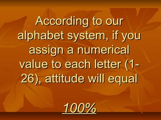 AAccccoorrddiinngg ttoo oouurr 
aallpphhaabbeett ssyysstteemm,, iiff yyoouu 
aassssiiggnn aa nnuummeerriiccaall 
vvaalluuee ttoo eeaacchh lleetttteerr ((11-- 
2266)),, aattttiittuuddee wwiillll eeqquuaall 
110000%% 
 