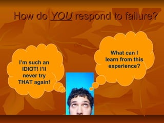 HHooww ddoo YYOOUU rreessppoonndd ttoo ffaaiilluurree?? 
I’m such an 
IDIOT! I’ll 
never try 
THAT again! 
What can I 
learn from this 
experience? 
OR 
 