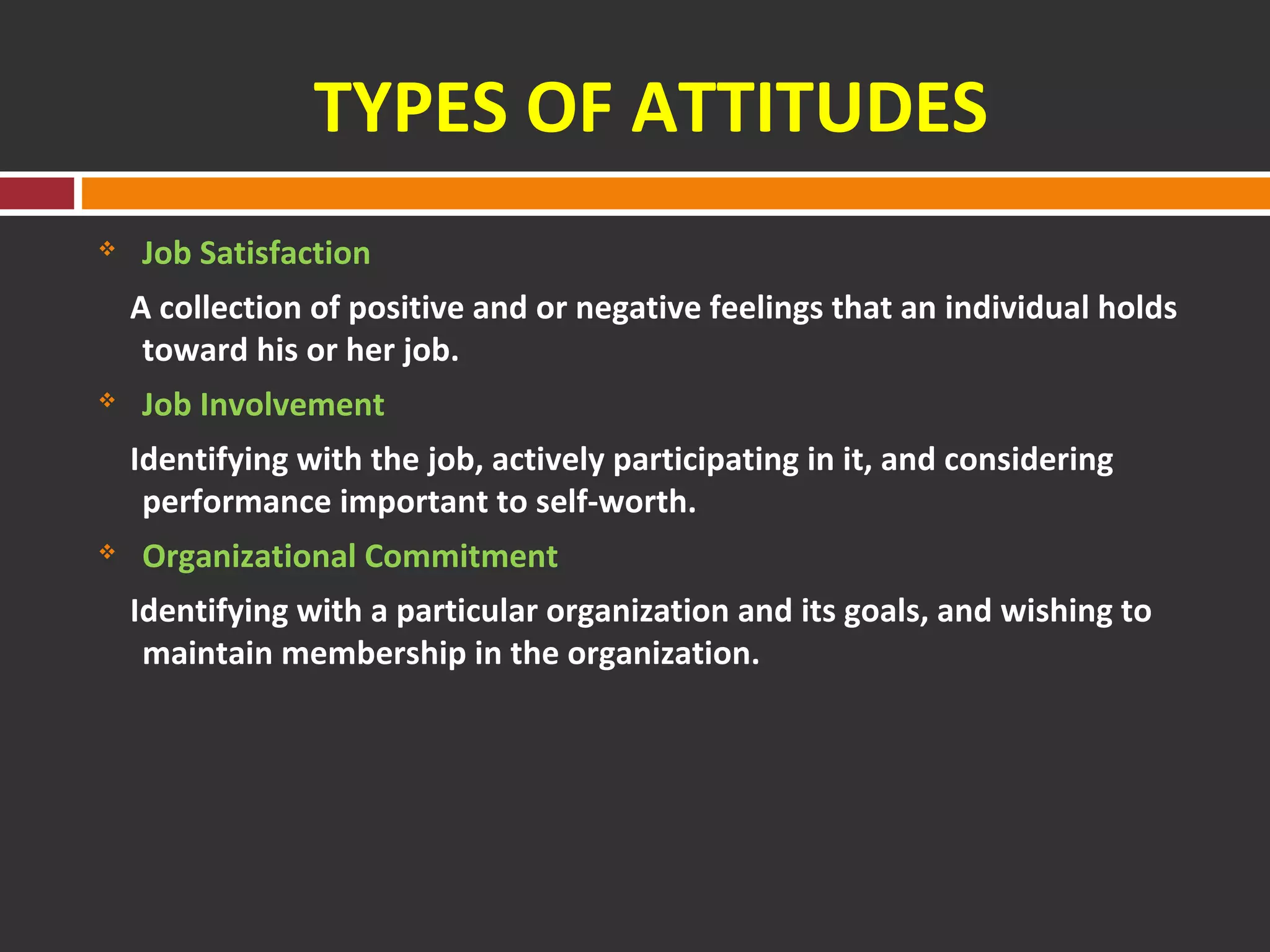 TYPES OF ATTITUDES 
 Job Satisfaction 
A collection of positive and or negative feelings that an individual holds 
toward his or her job. 
 Job Involvement 
Identifying with the job, actively participating in it, and considering 
performance important to self-worth. 
 Organizational Commitment 
Identifying with a particular organization and its goals, and wishing to 
maintain membership in the organization. 
 
