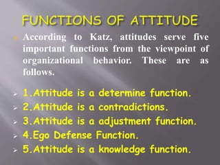  According to Katz, attitudes serve five
important functions from the viewpoint of
organizational behavior. These are as
follows.
 1.Attitude is a determine function.
 2.Attitude is a contradictions.
 3.Attitude is a adjustment function.
 4.Ego Defense Function.
 5.Attitude is a knowledge function.
 