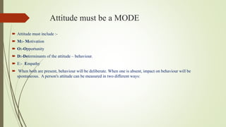 Attitude must be a MODE
 Attitude must include :-
 M:- Motivation
 O:-Opportunity
 D:-Determinants of the attitude – behaviour.
 E:- Empathy
 When both are present, behaviour will be deliberate. When one is absent, impact on behaviour will be
spontaneous. A person's attitude can be measured in two different ways:
 