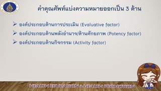 ➢ องค์ประกอบด้านการประเมิน (Evaluative factor)
➢ องค์ประกอบด้านพลังอานาจ/ด้านศักยภาพ (Potency factor)
➢ องค์ประกอบด้านกิจกรรม (Activity factor)
คาคุณศัพท์แบ่งความหมายออกเป็น 3 ด้าน
 